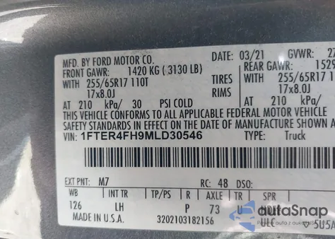 2021 Ford Ranger Xlt z USA, uszkodzony, nr VIN 1FTER4FH9MLD30546